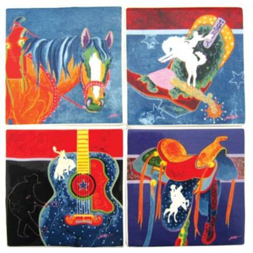 4 Inch Set of Four Mutli Colored Ride a Cowboy Ceramic Coasters