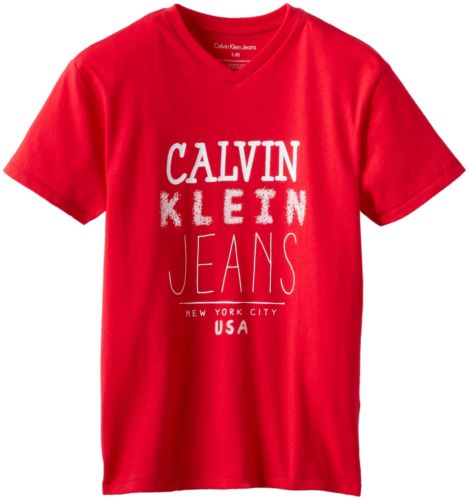 Calvin Klein Big Boys' V-Neck Graphic Tee, Rosy Red, X-Large