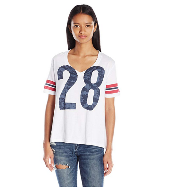 It's Our Time Juniors A-Line Football Jersey T-Shirt, Red/White/Blue Combo, L