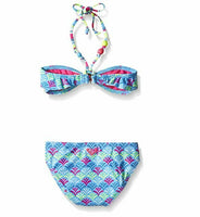 Roxy Big Girls' Island Tiles Ruffle Bandeau Swim Suit Set, Ethereal Blue, 16