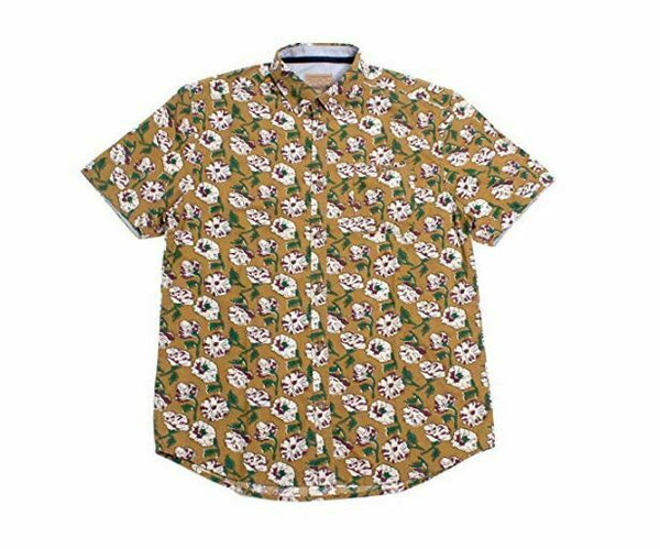 Free Nature Men's Flowers Short Sleeve Button Up, Mustard, Small