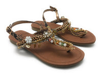 Shi by Journeys Women's Shoreside T-Strap Jeweled Sandal, Tan, 6 M US