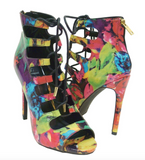Shi by Journeys Womens Rosette Lace Up Strappy Ankle Boot Heels, Multicolor, 6 M