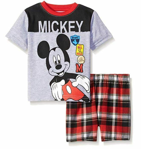 Disney Baby Boys' 2 Piece Mickey Screened Patches To Plaid Short Set, Grey, 24 M