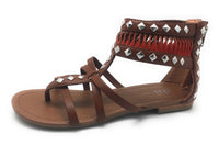 Shi by Journeys Studded Gladiator Back Zipper Flat Open Sandals, Tan Brown 7.5M