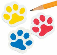 Paw Print Rubber Erasers (Set of 12) Red Blue And Yellow Paw Prints