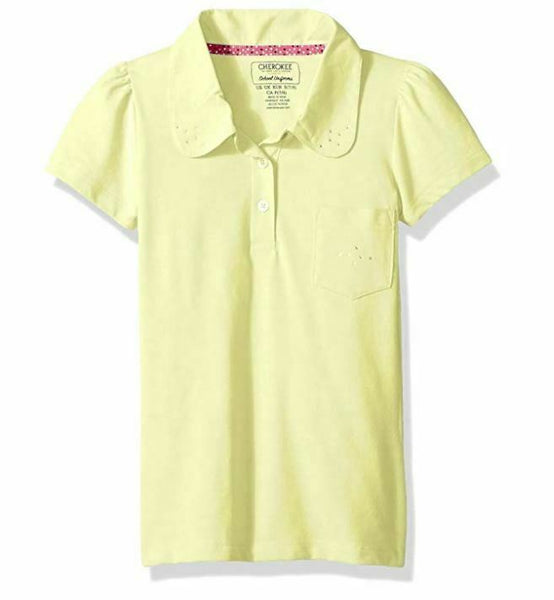 Cherokee Girls' Big Uniform Short Sleeve Polo w Rhinestones, Light Yellow 14/16