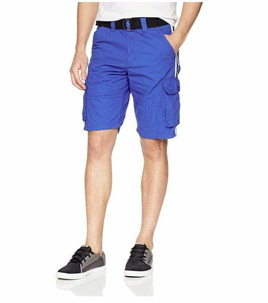 WT02 Men's Belted Mini Canvas Cargo Shorts, Royal/Side Stripe, 42