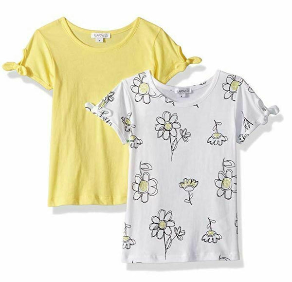 Flapdoodles Little 2 Pack Girls Tee's with Printed and Solid T-Shirt, Yellow, 4