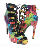 Shi by Journeys Womens Rosette Lace Up Strappy Ankle Boot Heels, Multicolor, 7.5