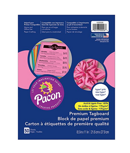 Pacon PAC1000026 Premium Tagboard, Hyper Pink, 50 Sheets