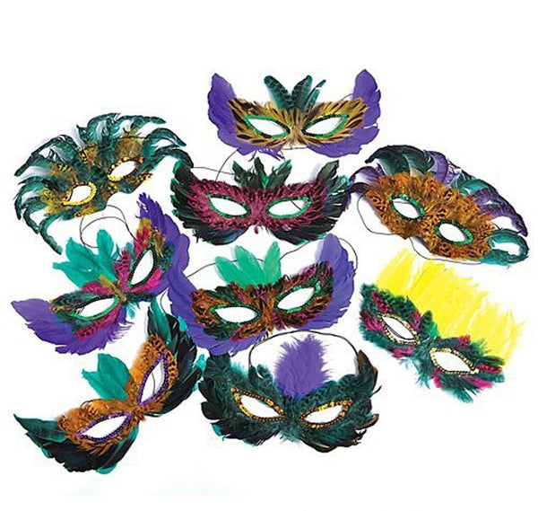 ~ 10 ~ Mardi Gras Feather Masks ~ Assorted Styles ~ Assortment May Vary ~ New