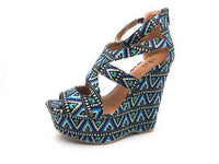 Shi by Journeys Womens Cabazon Platform Wedge Sandals, Black Blue Print, 6 M US
