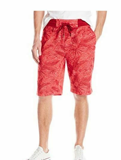 Southpole Men's Jogger Shorts in French Terry Plantation Patterns, Red, Large