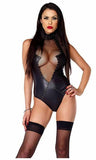 Forplay Women's Studded Faux Leather Bodysuit with Micro Net Inset, Black, M/L