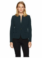 Kasper - Womens Petite Stretch Crepe 1 Button Collarless Jacket - Fir Green -12P