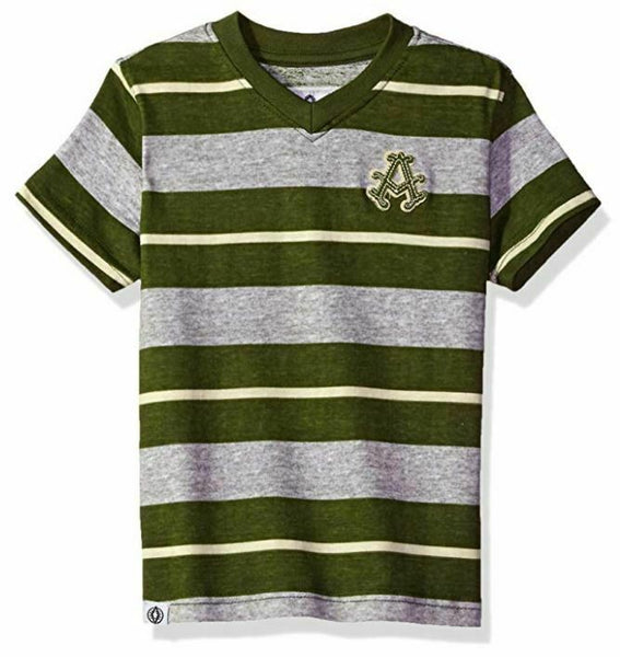 Akademiks Kids Boys' Little Short Sleeve Stripe V-Neck Tee, Olive, 7-XL