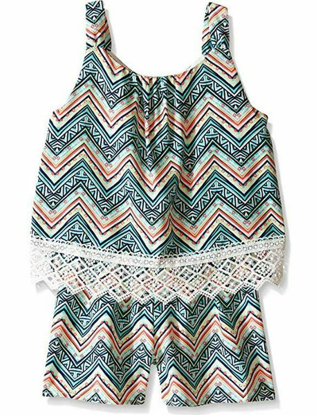 My Michelle Girls' Big Printed Popover Romper with Lace Hem Detail, Multi, X-Lar