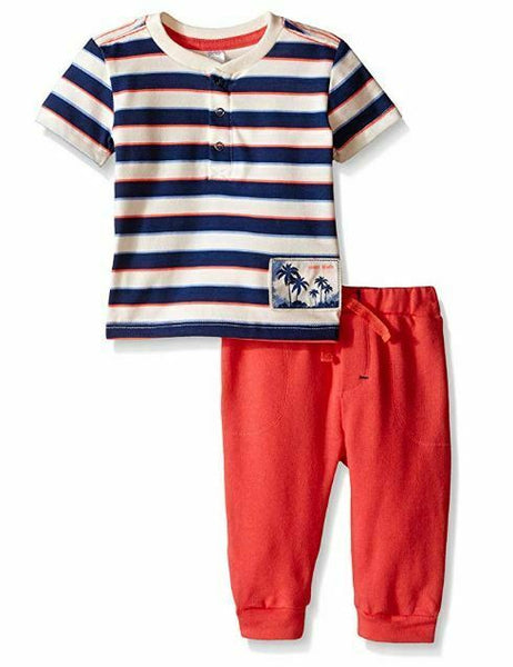 Petit Lem Baby Boys' 2 Piece Set Short Sleeve Top and Pant-Blue/White Stripe, 3m