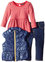 Nautica Girl's 2-6 X 3 Piece Set - Puff Vest with Knit Top and Denim Bottom