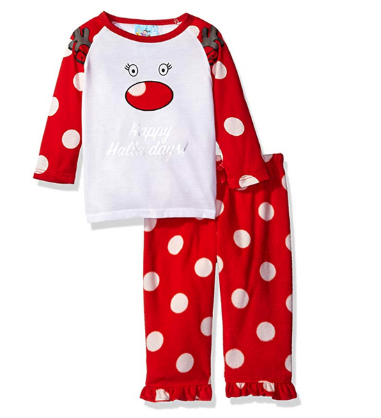 Bunz Kidz Baby Girls' Happy Holla Days Deer 2pc Pajama Set, Red, 12 Months