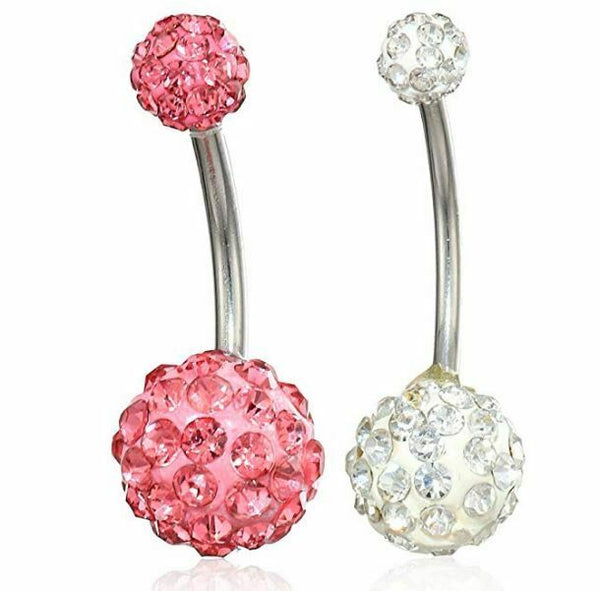 Women's Set Of 2 Surgical Stainless Steel Pink/White Crystal Fireball 10Mm Belly