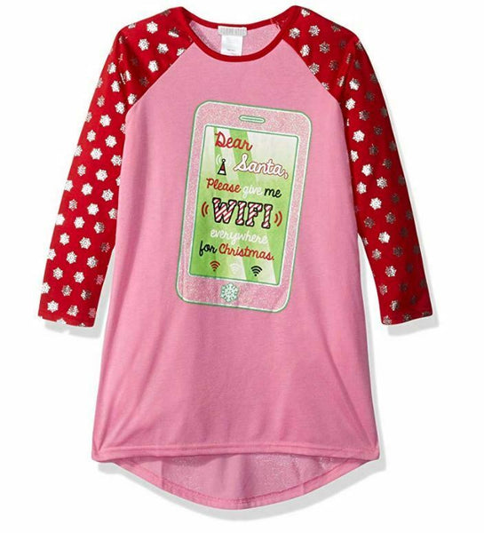 Komar Kids Girls' Big Holiday Print Jersey Nightgown, Pink Dear Santa, X-Small