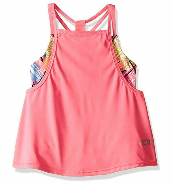 CB Sports Girls' Big Active 2 Fer Open Back Tank, Neon Coral, 14/16