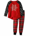 Komar Kids Girls' Big Snowflake Holiday Plaid Jogger Sleep Set, Red, X-Small