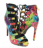Shi by Journeys Womens Rosette Lace Up Strappy Ankle Boot Heels, Multicolor, 6.5