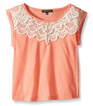 My Michelle Girl Tee W/ Rolled Short Sleeves and Contrast Crochet Front Peach XL