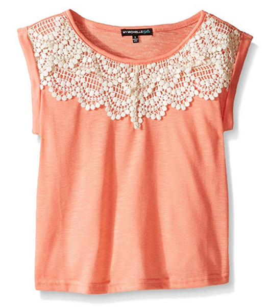 My Michelle Girl Tee W/ Rolled Short Sleeves and Contrast Crochet Front Peach XL