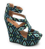 Shi by Journeys Womens Follow Me Platform Wedge Sandals, Turquoise Print, 6.5 M