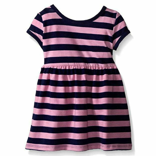 Marmellata Baby Girls' Short Sleeve Knit Dress, Pink/Navy Stripe 18 Months