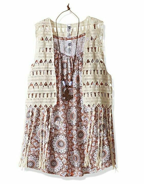 Beautees Girls' Big 2 Piece Crochet Vest with Tank, Brown, Large