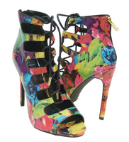 Shi by Journeys Womens Rosette Lace Up Strappy Ankle Boot Heels, Multicolor, 5.5