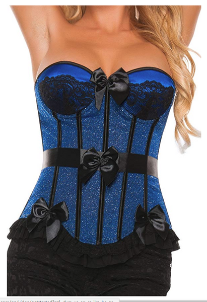 Starline Women's Satin Bow Corset, Ribbon & Ruffle Trim w/Lace, Blue/Black, Med