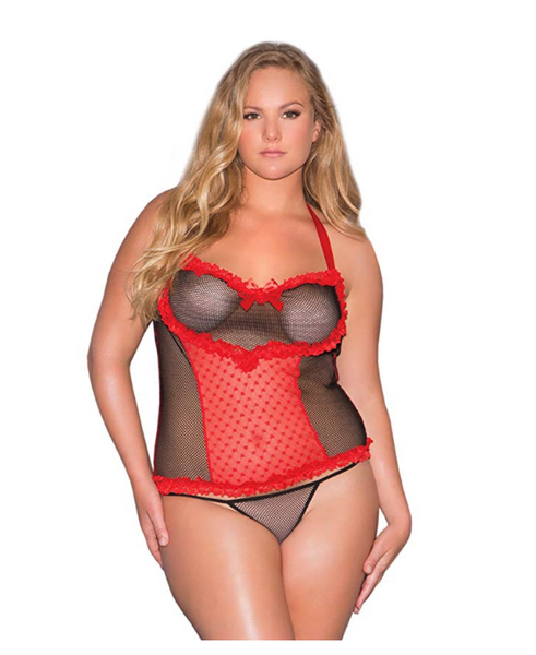 Glitter Women's Plus-Size Halter Bustier in Fishnet and Heart Mesh Red/Black