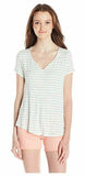 PINK ROSE Women's Pearl Stripe V Neck Tee, Ivory/Hippie Jade, Small