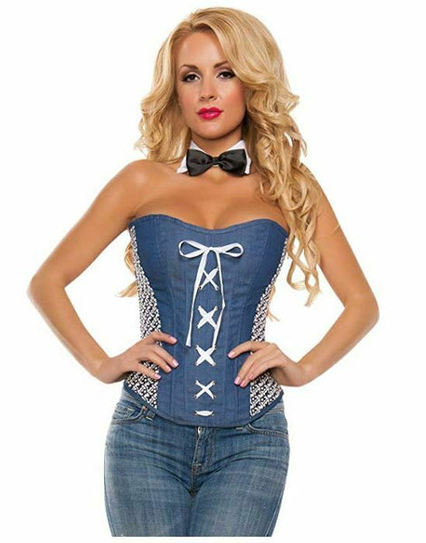 Starline Women's Ribbon Lace Up Front Corset, Blue, Small