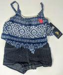 U.S. Polo Baby Girls Aztec Printed Chiffon Top Denim Short Romper Navy/White 12m