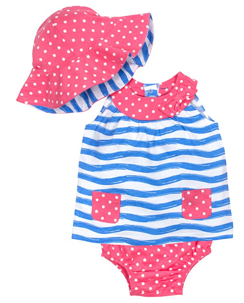 Gerber Baby Girls' 3-Piece Sleeveless Dress, Bloomer and Hat Set, Waves, 5T