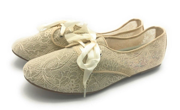 Sarah Jayne Girl's Lace Shimmer Round Toe Oxford Flats Beige 6 M US