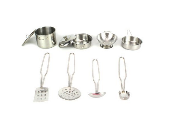 Metal Pots and Pans Kitchen Cookware Playset for Kids with Cooking Utensils Set