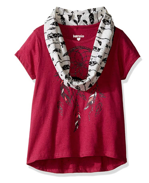 kensie Girl Speckle Rayon T-Shirt and Sweater Knit Infinity Scarf Maroon 14/16