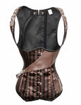 Bslingerie Brown Faux Leather Striped Openbust Corset (M, Brown)