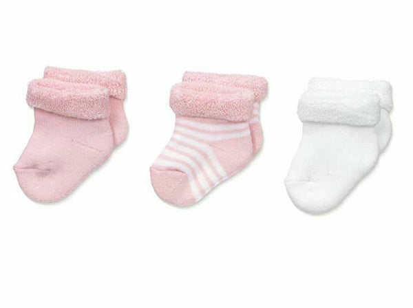 Country Kids Girls' Super Soft Terry Turn Cuff 3 Pack, Baby Pink/White, 12-24M