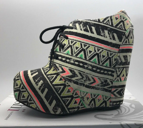 Shi by Journeys Womens Canvas Lace Up Wedge Ankle Bootie Black Multicolor 8.5 M