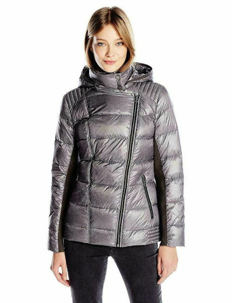 Lucky Brand Women's Down Packable Puffer Jacket with Hood Silver Print Small