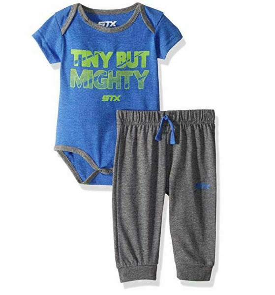 STX Fashion Baby Boys 2 Piece Creeper and Jogger Set, Heather Blue, 3-6 Months